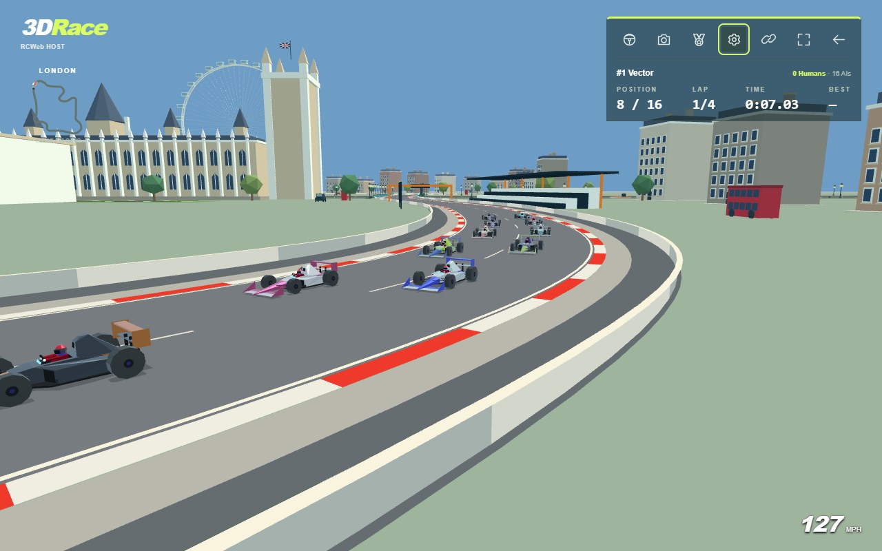 Trackside view of cars racing through London's landmark-lined circuit