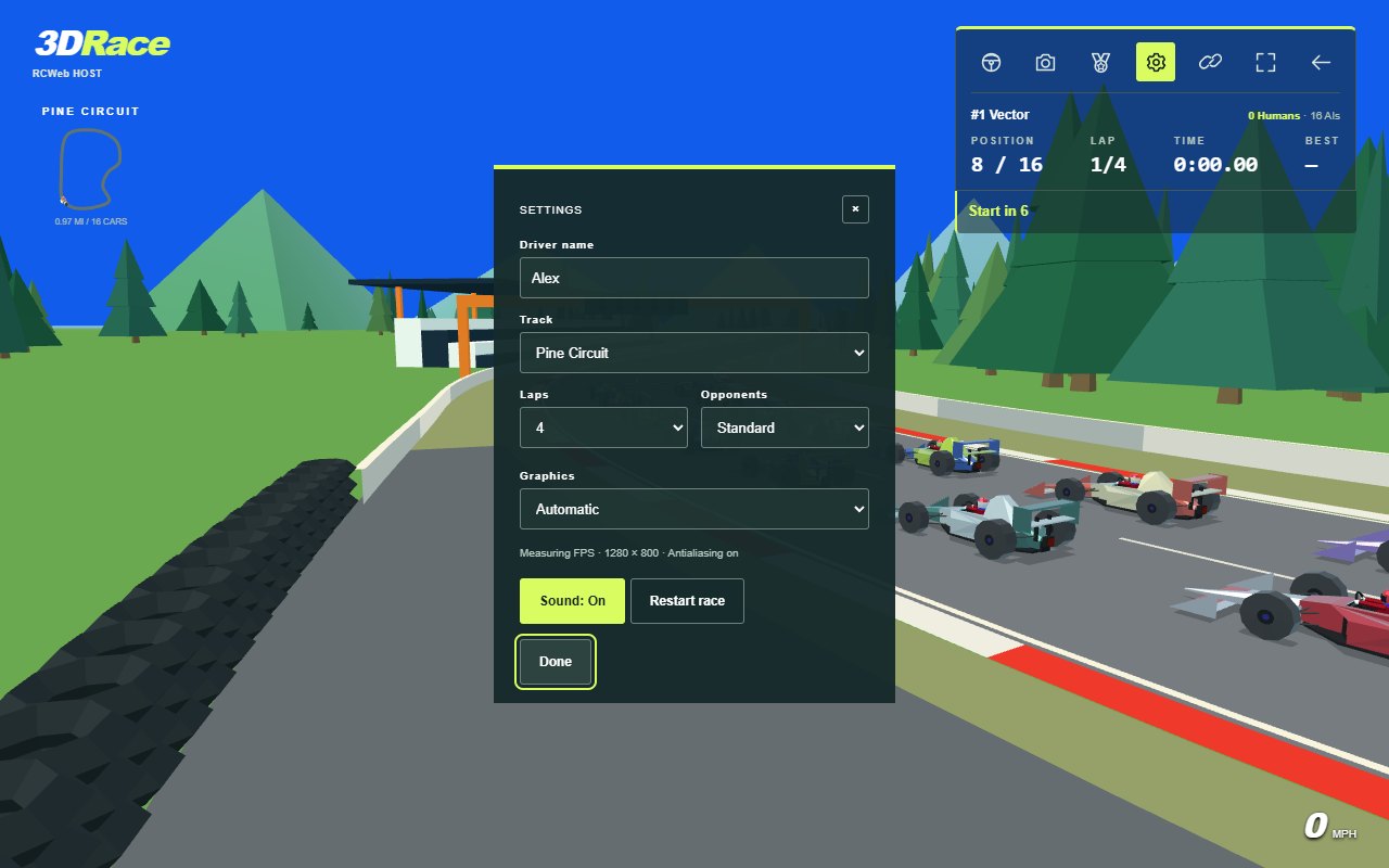 Settings Settings with driver name, track, laps, opponents, graphics and sound controls