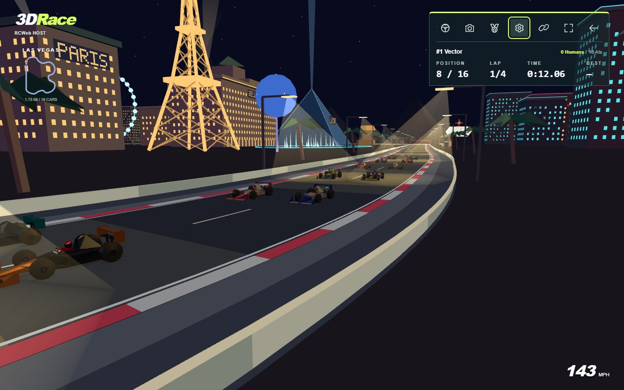 Trackside view of the Las Vegas night race beneath warm street lamps and illuminated casinos