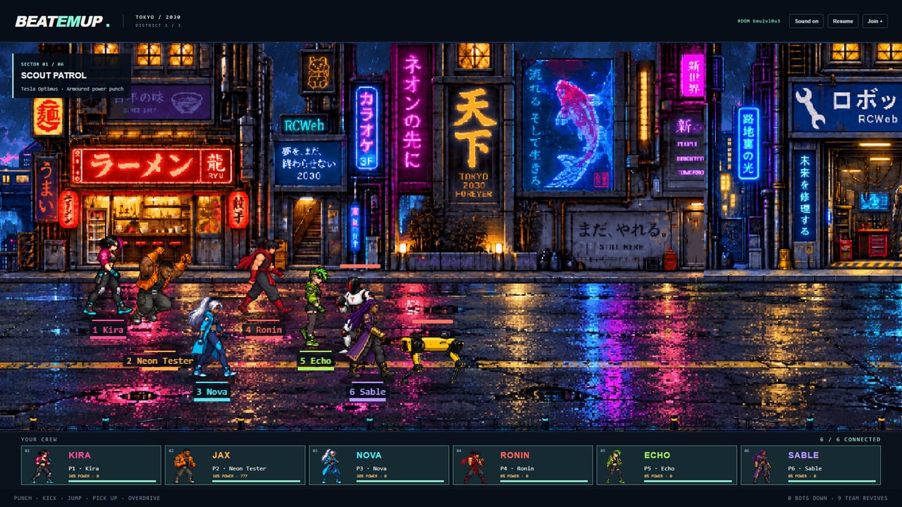 The crew fighting through a neon-lit street