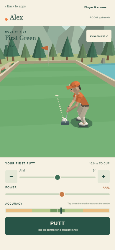 The golfer, aim, power and moving accuracy controls on a portrait phone