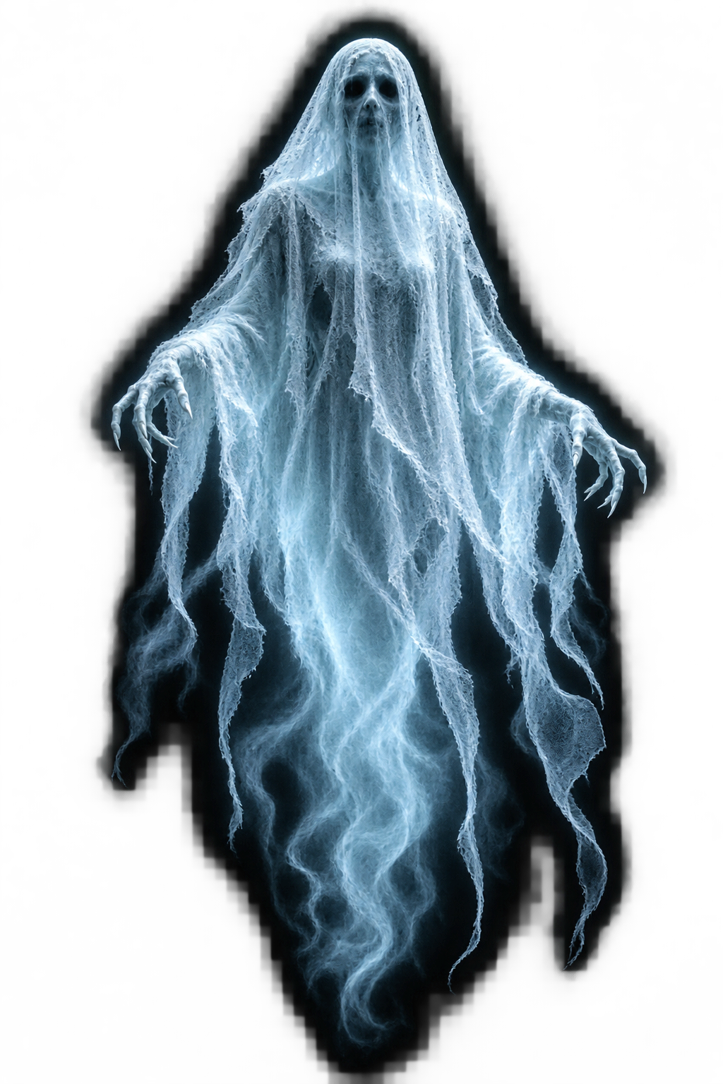 A glowing, shrouded ghost from the Halloween app on a black background
