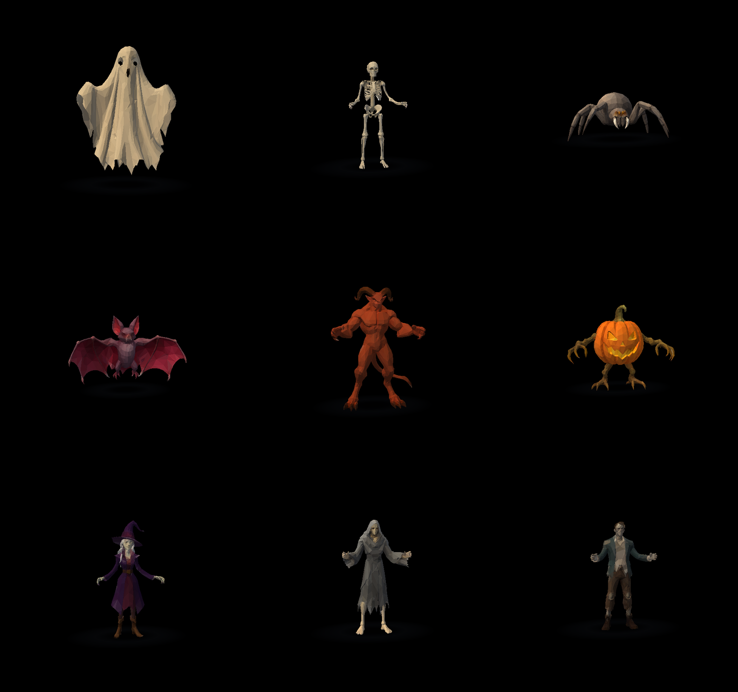 The nine animated 3D creatures