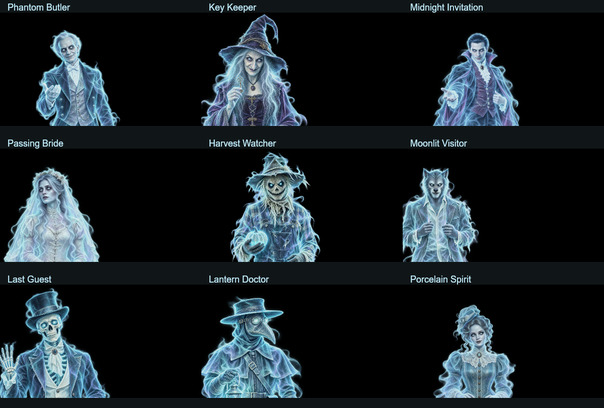 Nine spectral visitors at consistent adult scale