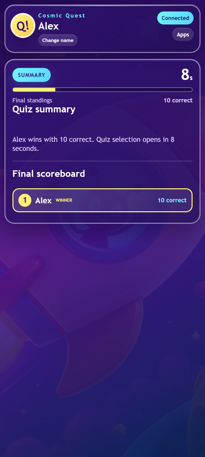 Final standings after completing Cosmic Quest