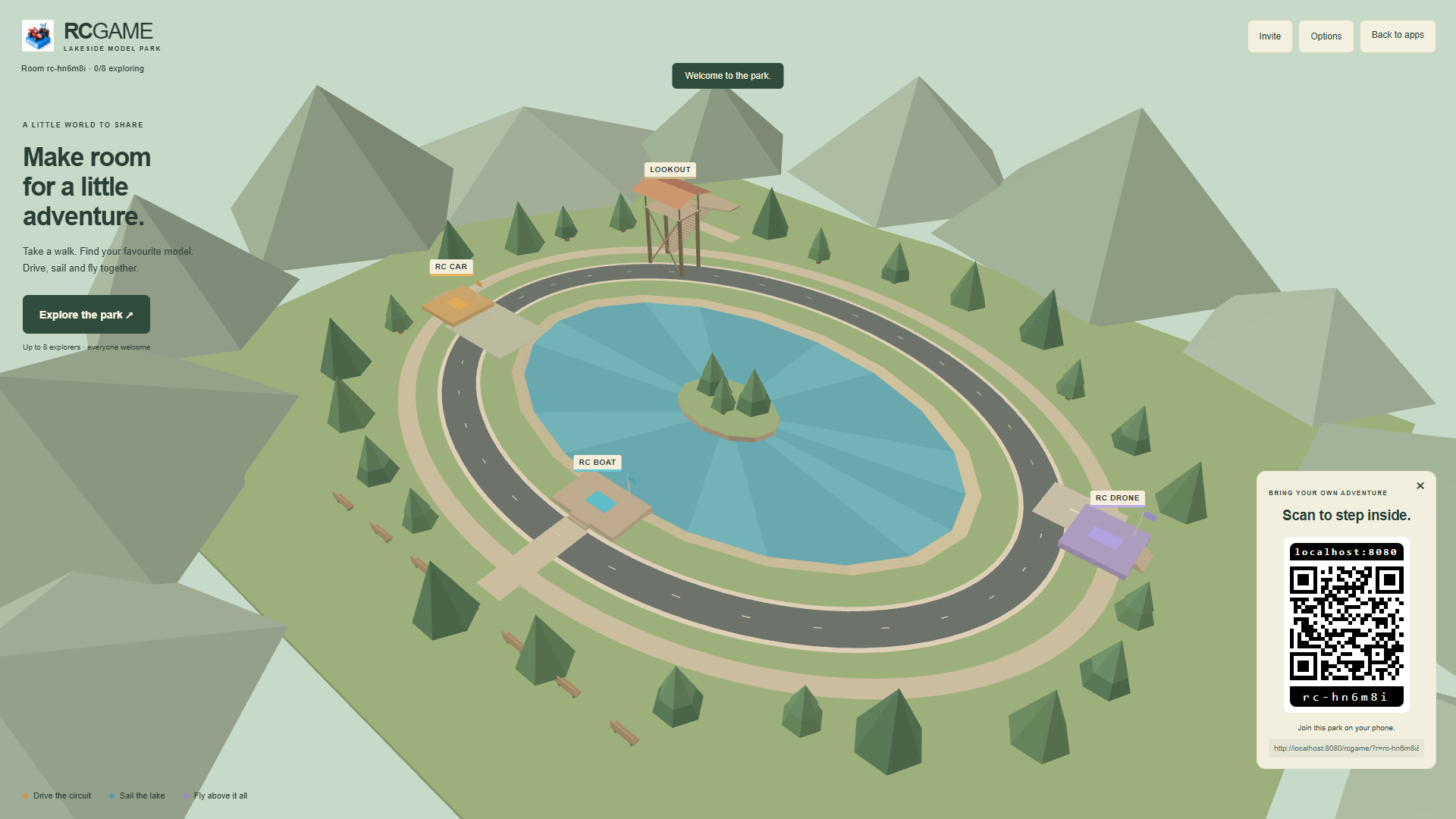 The lake, wooded island, model circuit and control areas