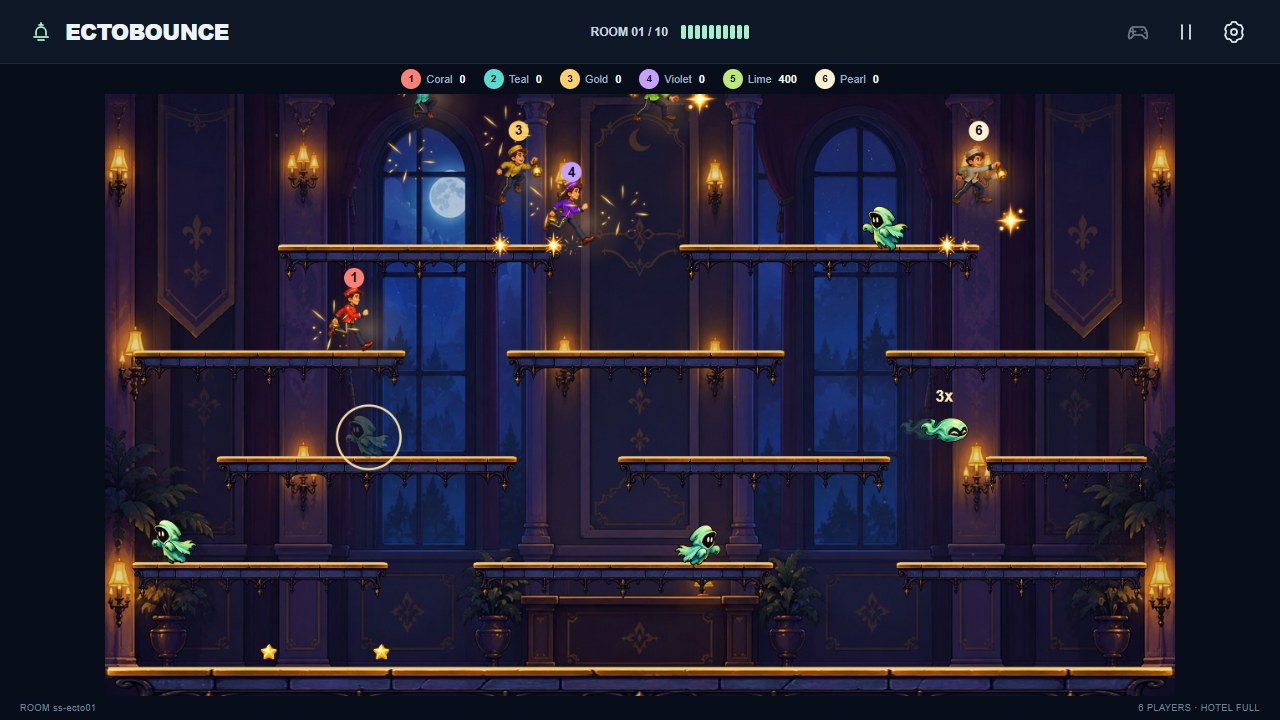 Six bellhops catching and launching ghosts in Ectobounce's Moonlit Lobby