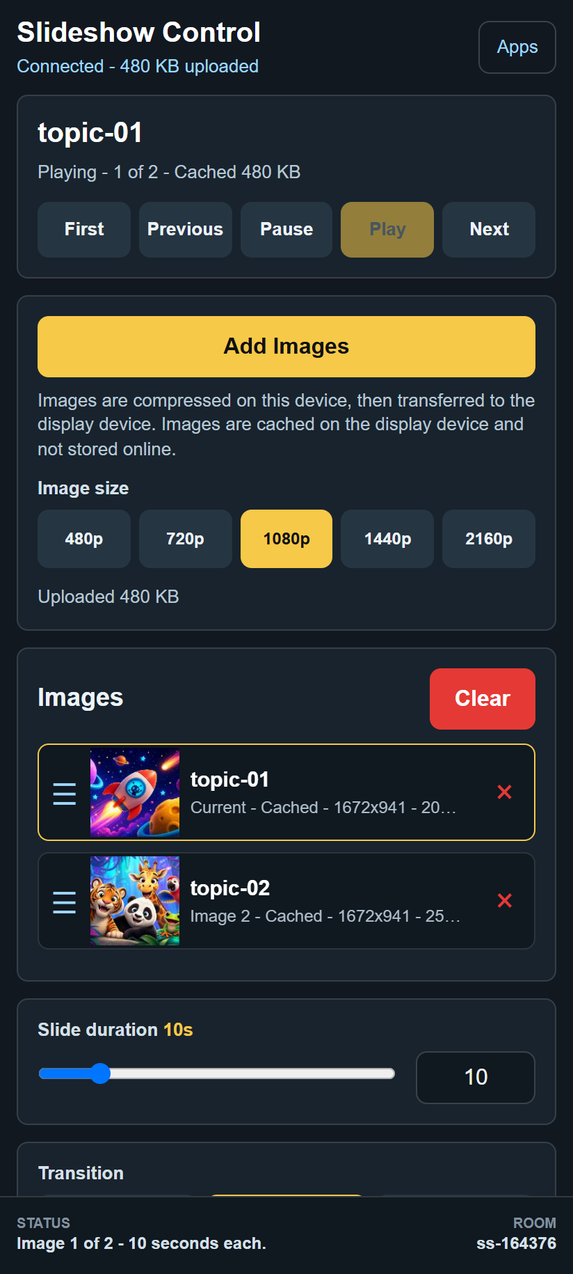Two images queued on the controller